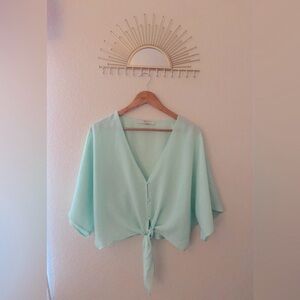 Forever 21, Blouse, size large loose fit, mint color, front tie, button up